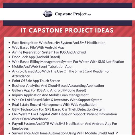 Capstone project ideas - Here is a list of capstone project titles for information technology that may spark an idea: Presentation, management and merging – medical and complex data. Systems of IT vision for wireless observation. Simulation of Gaming with Financial Services. 